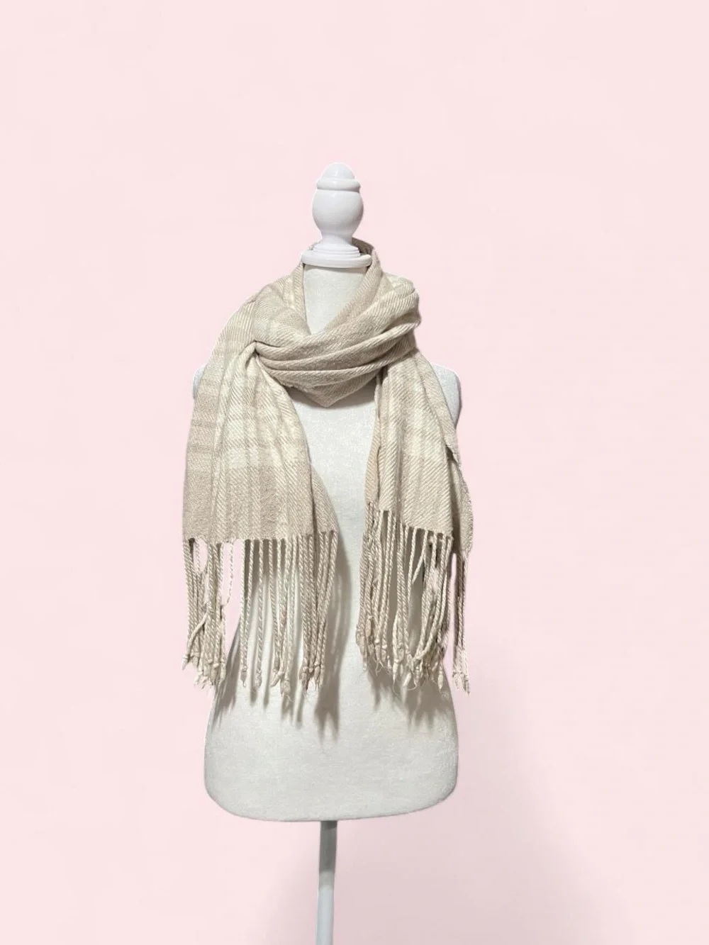 Neutral Fringe Scarf - Beige Lightweight Women's Accessory